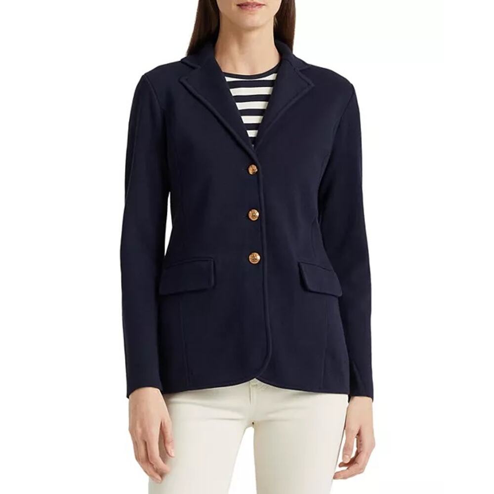 LAUREN RALPH LAUREN Navy Sweater-Knit Cotton-Blend Blazer XS - Picture 7 of 11